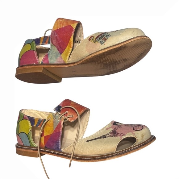 Goby Paris Illustration Leather Lace Up‎ Peep Toe Flats Multicolor EU 38 - Picture 9 of 9